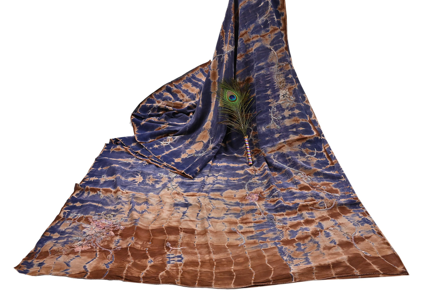 Indian Vintage Saree Brown & Purple Pure Crepe Silk Tie-Dye Embroidered Sari Fabric 6yard Sewing Floral Soft Zari