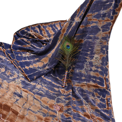 Indian Vintage Saree Brown & Purple Pure Crepe Silk Tie-Dye Embroidered Sari Fabric 6yard Sewing Floral Soft Zari