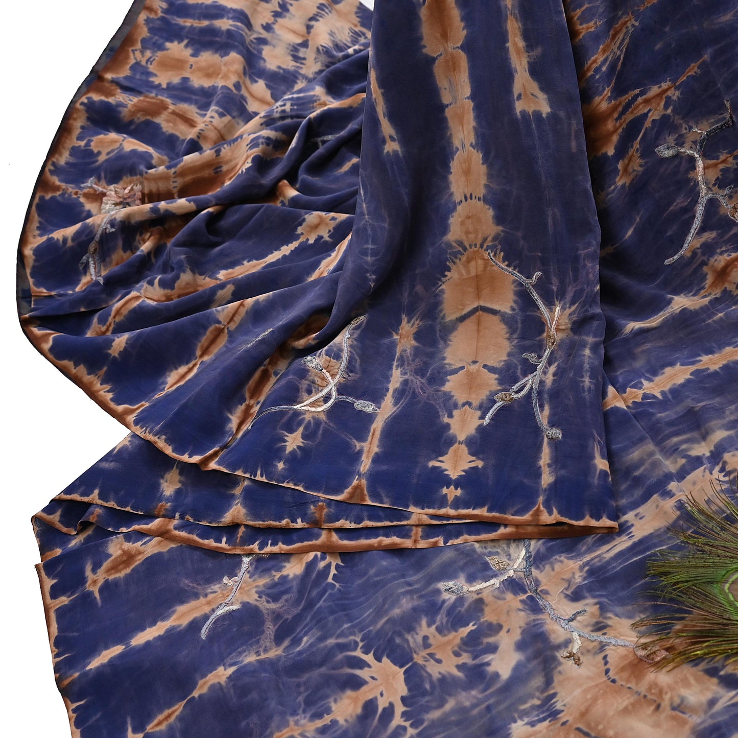 Indian Vintage Saree Brown & Purple Pure Crepe Silk Tie-Dye Embroidered Sari Fabric 6yard Sewing Floral Soft Zari