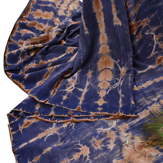 Indian Vintage Saree Brown & Purple Pure Crepe Silk Tie-Dye Embroidered Sari Fabric 6yard Sewing Floral Soft Zari