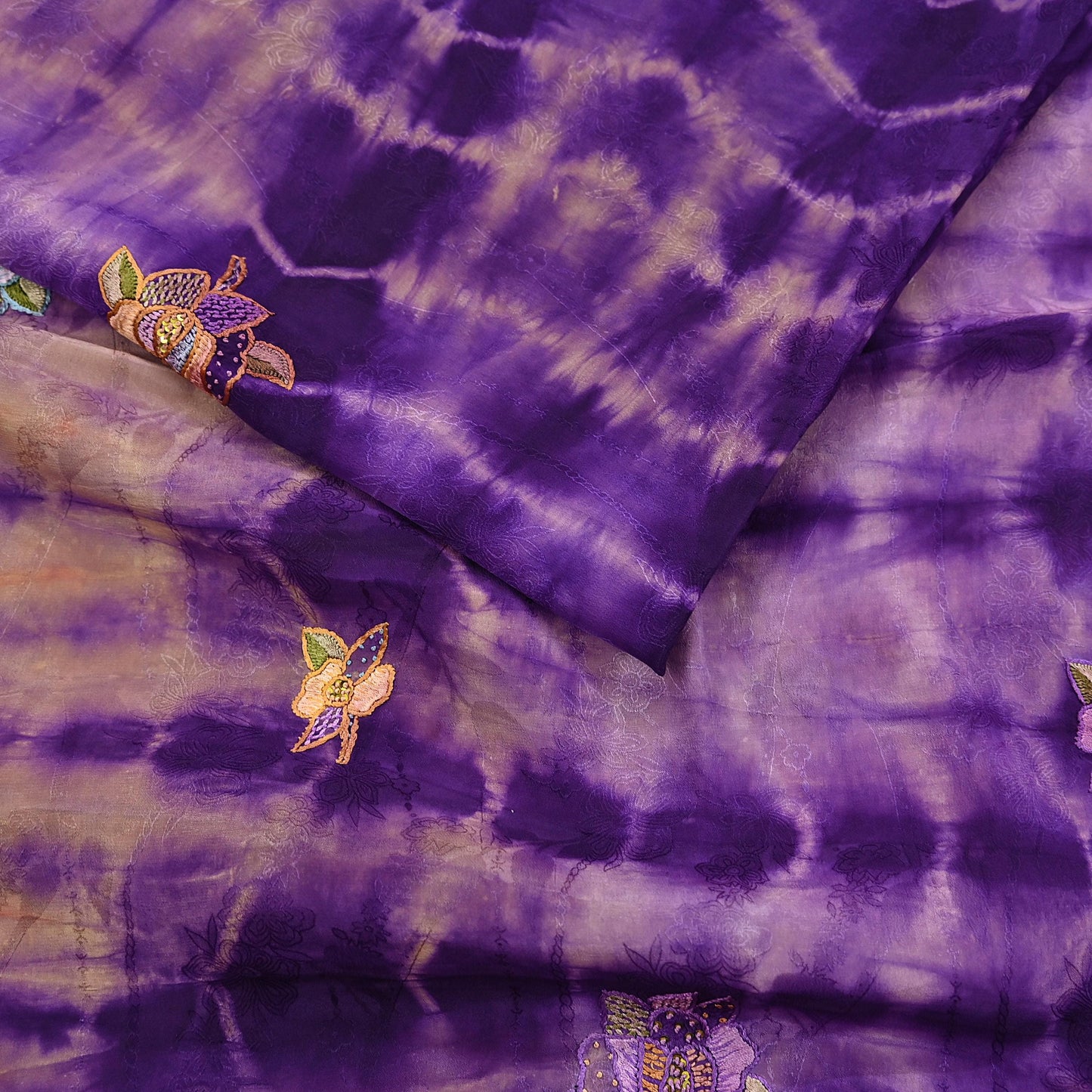 Indian Vintage Saree Brown & Purple Pure Crepe Silk Tie-Dye Embroidered Sari Fabric 6yard Sewing Floral Soft Zari
