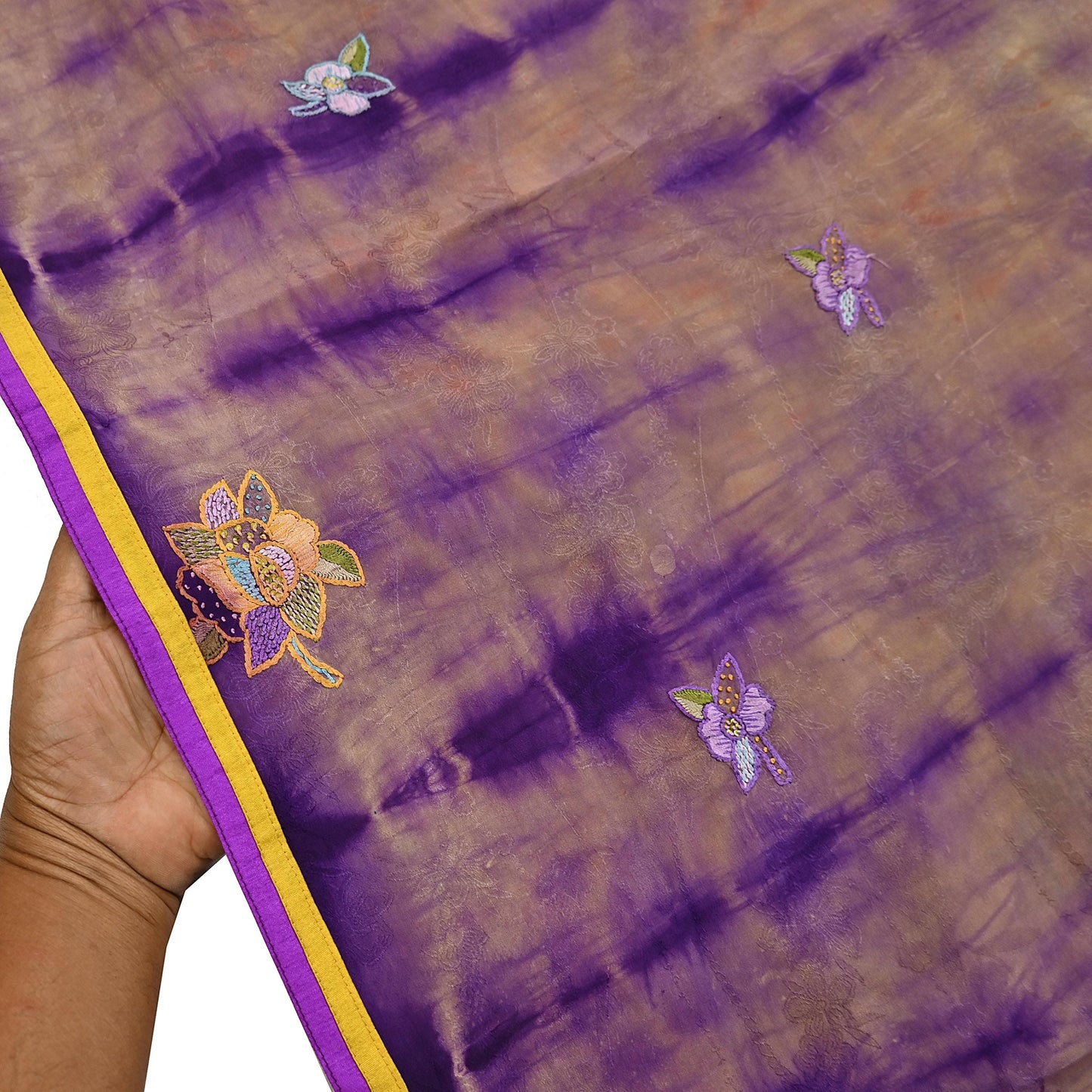 Indian Vintage Saree Brown & Purple Pure Crepe Silk Tie-Dye Embroidered Sari Fabric 6yard Sewing Floral Soft Zari