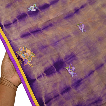 Indian Vintage Saree Brown & Purple Pure Crepe Silk Tie-Dye Embroidered Sari Fabric 6yard Sewing Floral Soft Zari