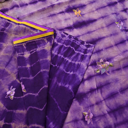 Indian Vintage Saree Brown & Purple Pure Crepe Silk Tie-Dye Embroidered Sari Fabric 6yard Sewing Floral Soft Zari