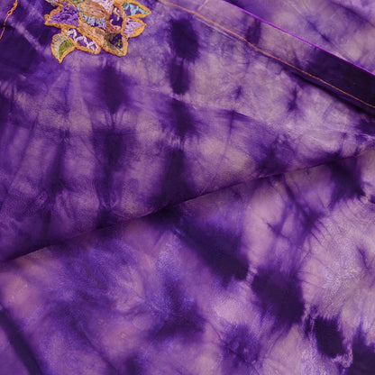 Indian Vintage Saree Brown & Purple Pure Crepe Silk Tie-Dye Embroidered Sari Fabric 6yard Sewing Floral Soft Zari