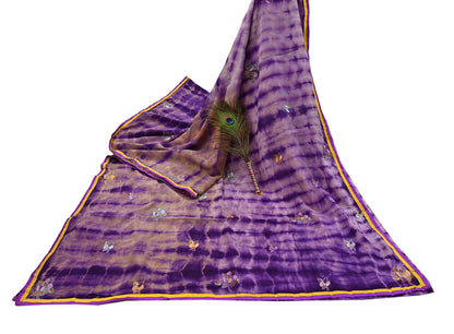 Indian Vintage Saree Brown & Purple Pure Crepe Silk Tie-Dye Embroidered Sari Fabric 6yard Sewing Floral Soft Zari