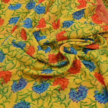 Indian Vintage Sari Yellow Pure Chiffon Silk Printed Saree 5Yd Craft Fabric Sewing Soft Light Sari Dress Making Quilting For Crating
