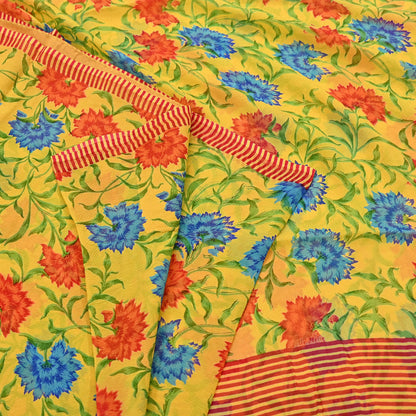 Indian Vintage Sari Yellow Pure Chiffon Silk Printed Saree 5Yd Craft Fabric Sewing Soft Light Sari Dress Making Quilting For Crating