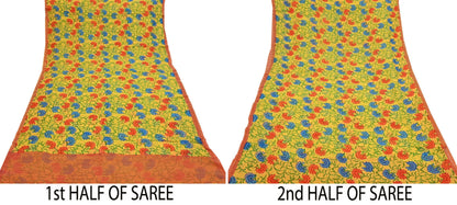 Indian Vintage Sari Yellow Pure Chiffon Silk Printed Saree 5Yd Craft Fabric Sewing Soft Light Sari Dress Making Quilting For Crating