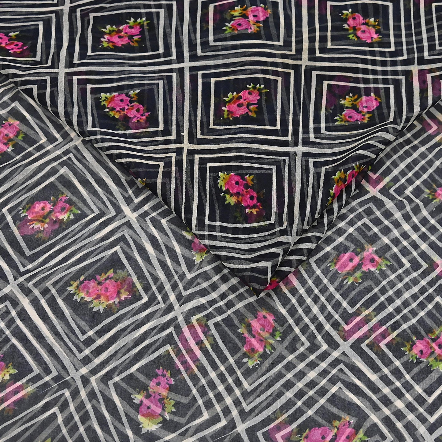 Vintage Saree Black Pure Chiffon Silk Printed Sari Craft Fabric Sewing 5Yard Soft