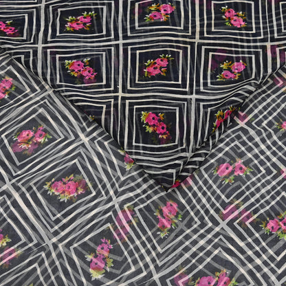 Vintage Saree Black Pure Chiffon Silk Printed Sari Craft Fabric Sewing 5Yard Soft