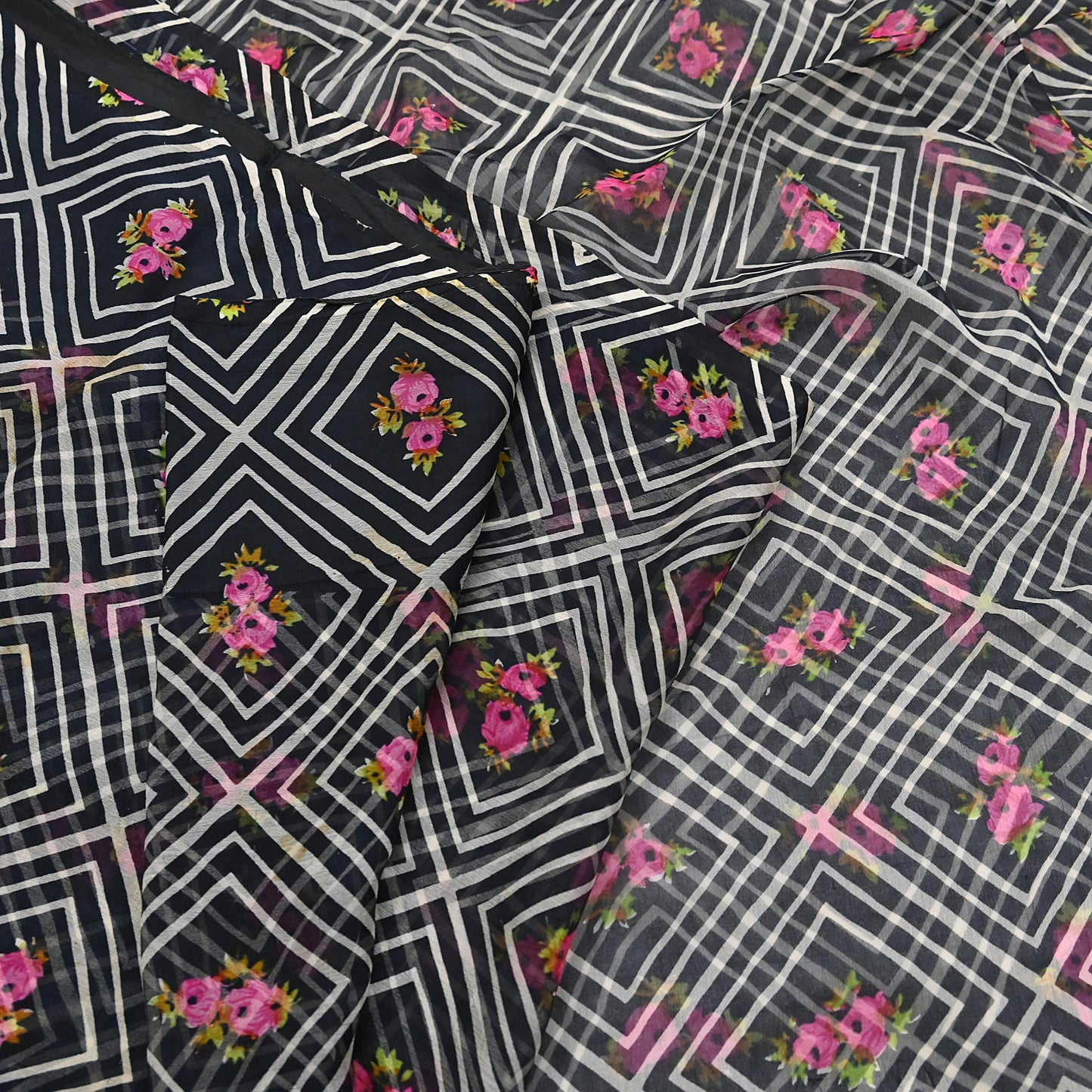 Vintage Saree Black Pure Chiffon Silk Printed Sari Craft Fabric Sewing 5Yard Soft