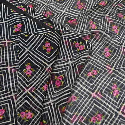 Vintage Saree Black Pure Chiffon Silk Printed Sari Craft Fabric Sewing 5Yard Soft