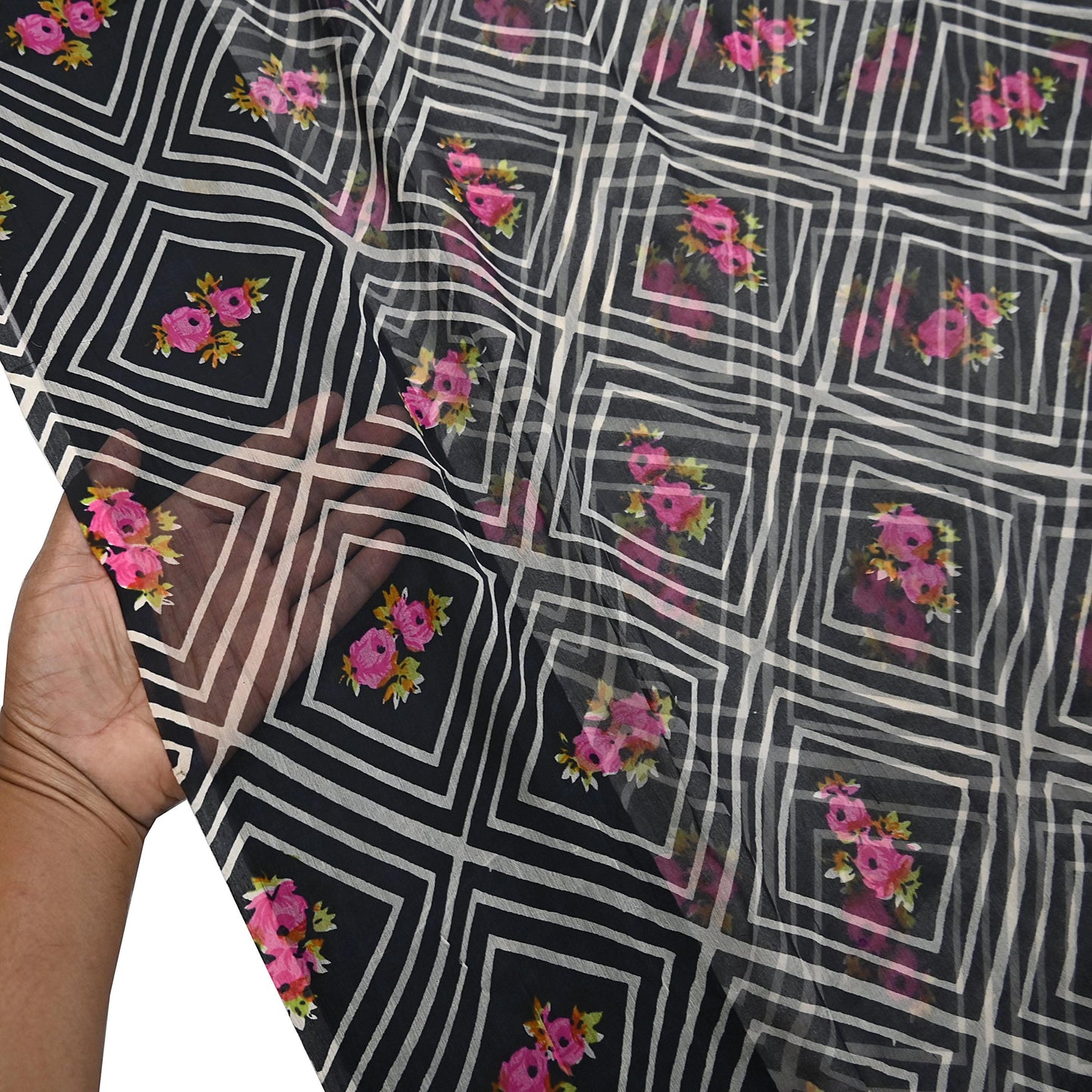 Vintage Saree Black Pure Chiffon Silk Printed Sari Craft Fabric Sewing 5Yard Soft