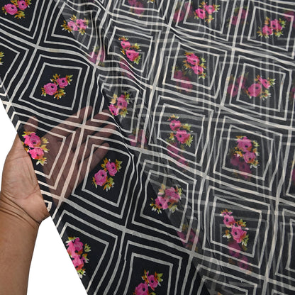 Vintage Saree Black Pure Chiffon Silk Printed Sari Craft Fabric Sewing 5Yard Soft