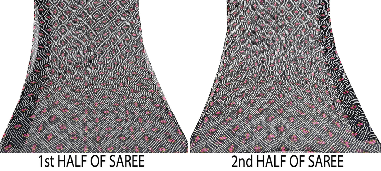 Vintage Saree Black Pure Chiffon Silk Printed Sari Craft Fabric Sewing 5Yard Soft