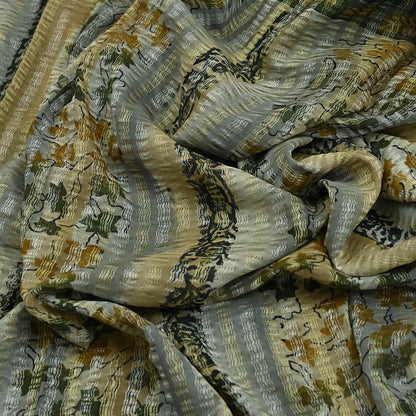 Indian Vintage Sari Gray Pure Georgette Silk Printed Sarees Craft Fabric Sewing 6Yd Soft Dress Making Crafting Quilting Zari