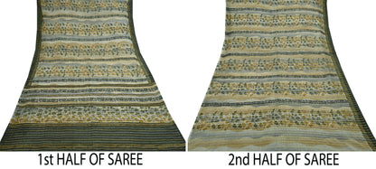 Indian Vintage Sari Gray Pure Georgette Silk Printed Sarees Craft Fabric Sewing 6Yd Soft Dress Making Crafting Quilting Zari