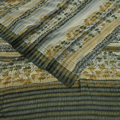 Indian Vintage Sari Gray Pure Georgette Silk Printed Sarees Craft Fabric Sewing 6Yd Soft Dress Making Crafting Quilting Zari