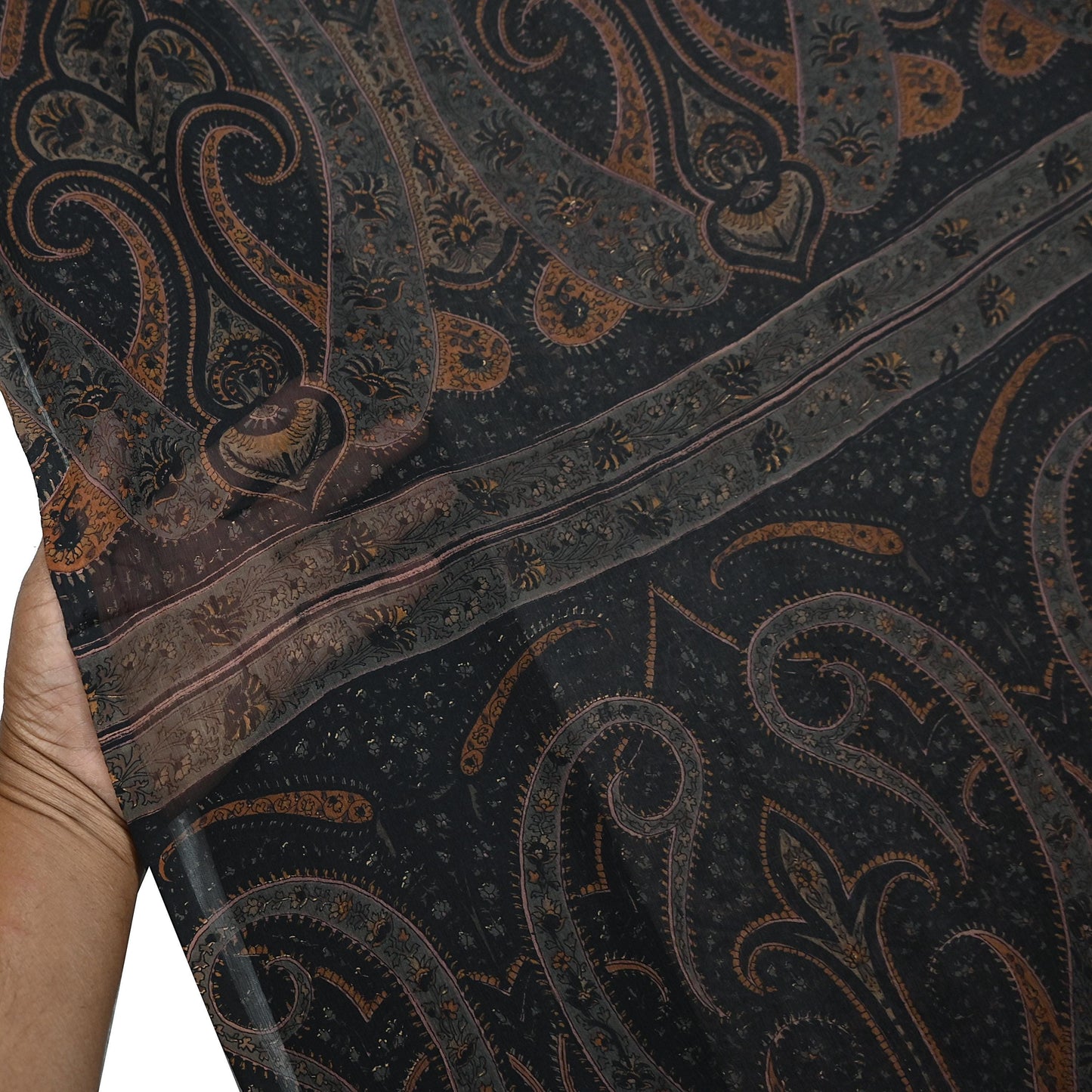 Vintage Saree Black Pure Chiffon Silk Printed Sari Craft Fabric Sewing 5Yard Soft