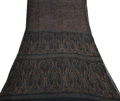Vintage Saree Black Pure Chiffon Silk Printed Sari Craft Fabric Sewing 5Yard Soft