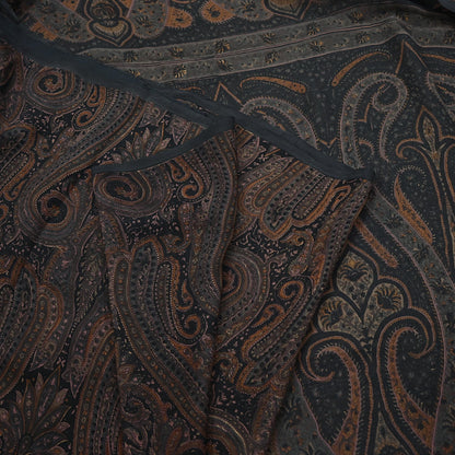 Vintage Saree Black Pure Chiffon Silk Printed Sari Craft Fabric Sewing 5Yard Soft