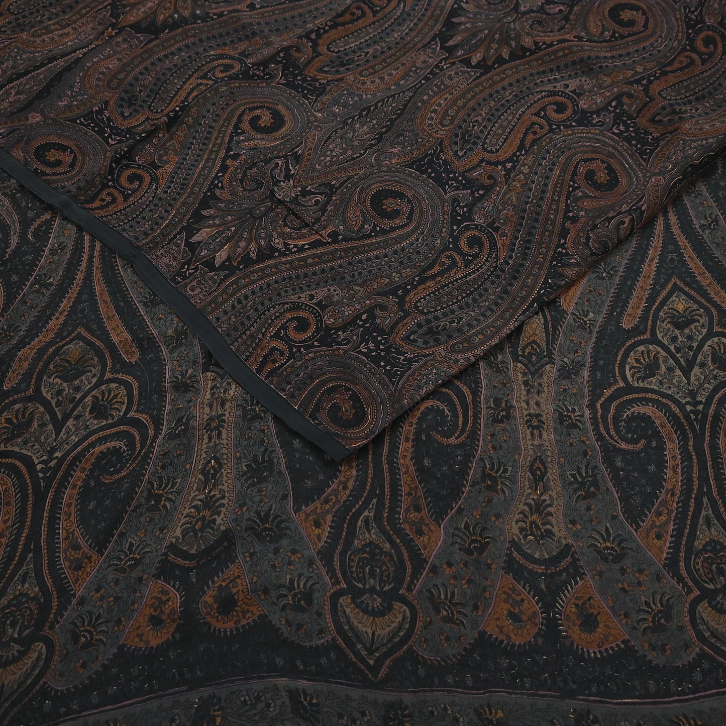 Vintage Saree Black Pure Chiffon Silk Printed Sari Craft Fabric Sewing 5Yard Soft