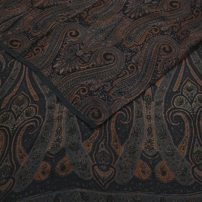 Vintage Saree Black Pure Chiffon Silk Printed Sari Craft Fabric Sewing 5Yard Soft