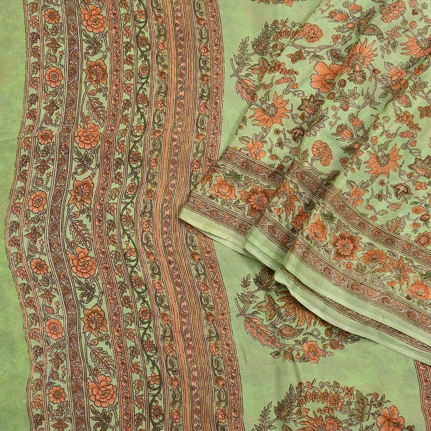 Indian Vintage Sari Green Pure Silk Printed Sarees Craft Fabric 6yd Sewing Dress Making Soft Floral Crafting quilting