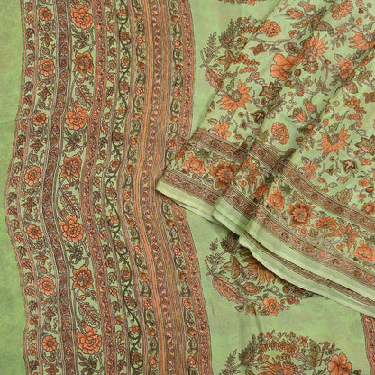 Indian Vintage Sari Green Pure Silk Printed Sarees Craft Fabric 6yd Sewing Dress Making Soft Floral Crafting quilting