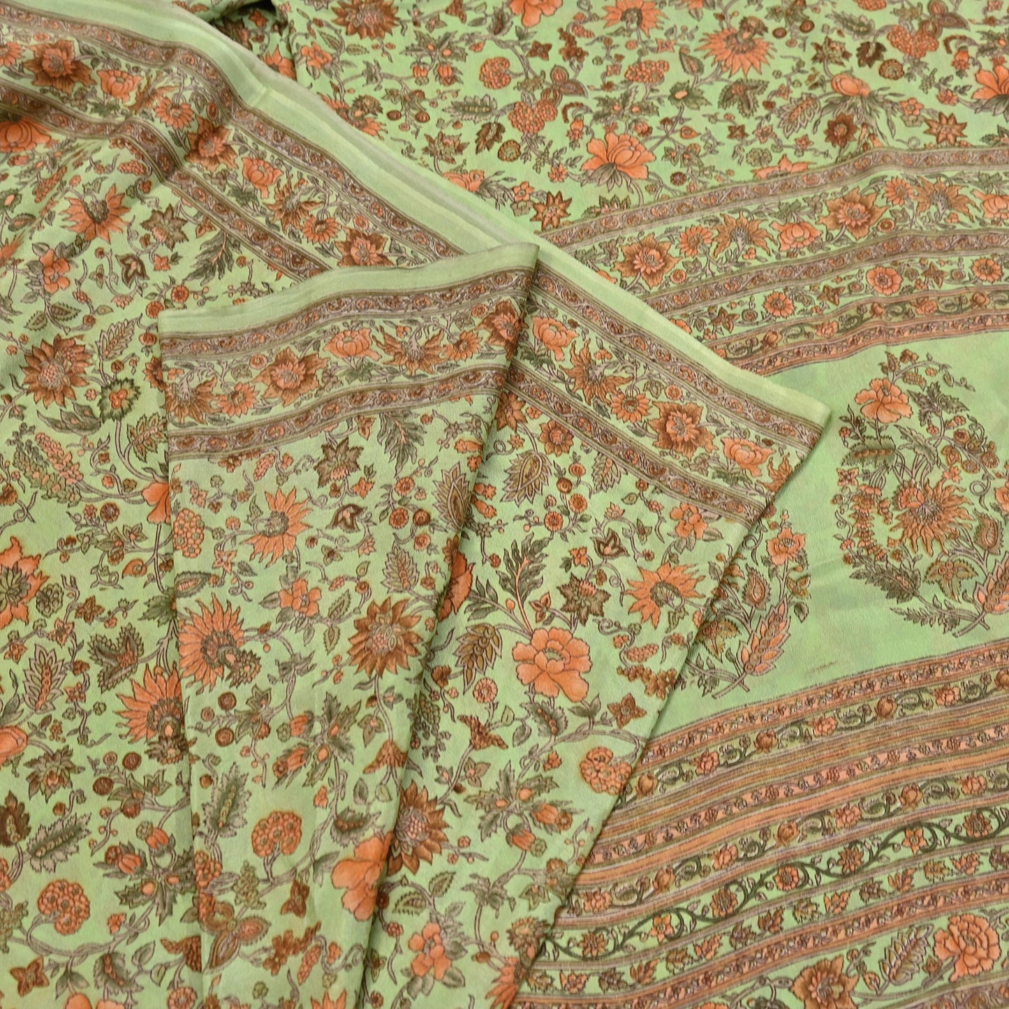 Indian Vintage Sari Green Pure Silk Printed Sarees Craft Fabric 6yd Sewing Dress Making Soft Floral Crafting quilting