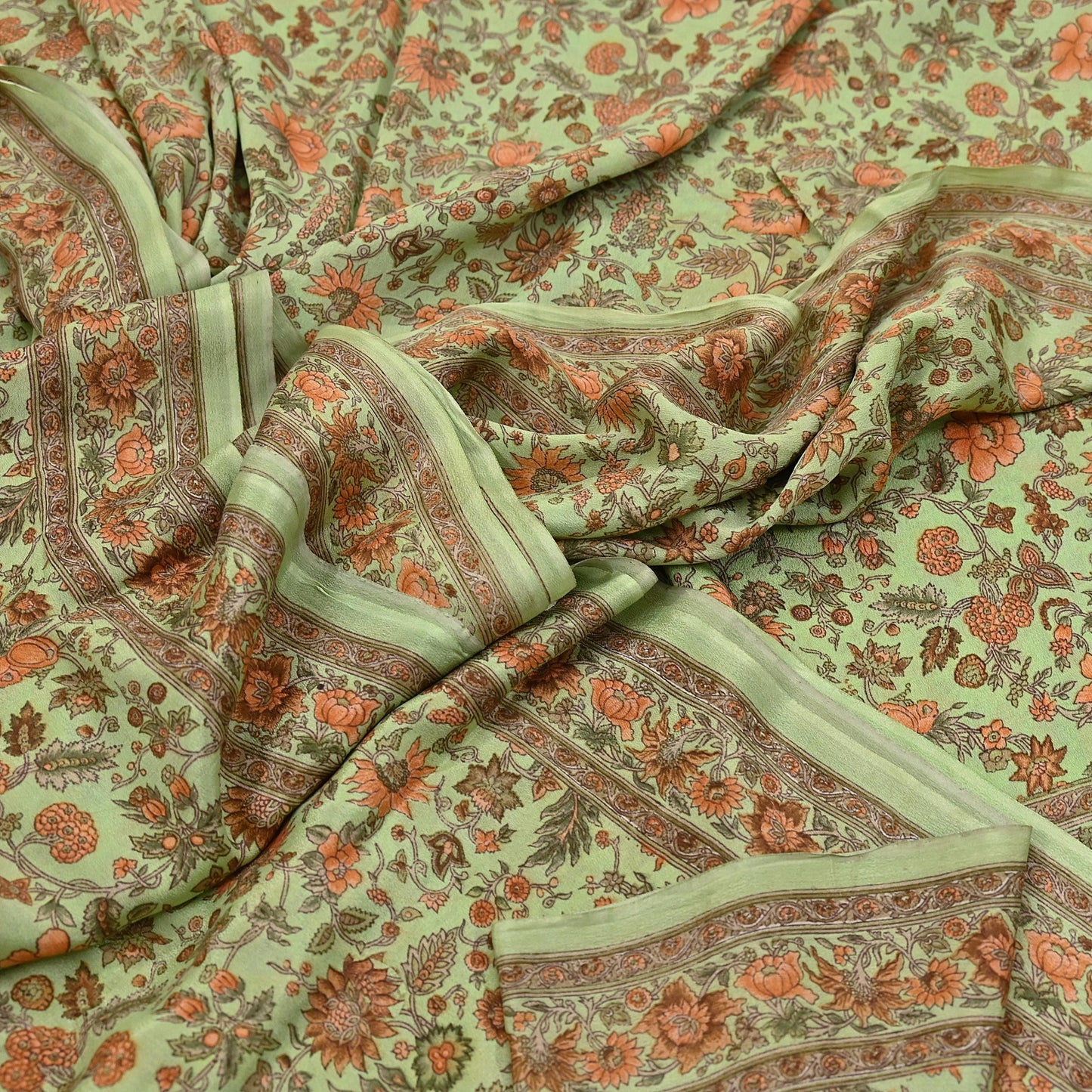 Indian Vintage Sari Green Pure Silk Printed Sarees Craft Fabric 6yd Sewing Dress Making Soft Floral Crafting quilting