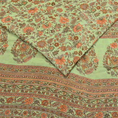 Indian Vintage Sari Green Pure Silk Printed Sarees Craft Fabric 6yd Sewing Dress Making Soft Floral Crafting quilting