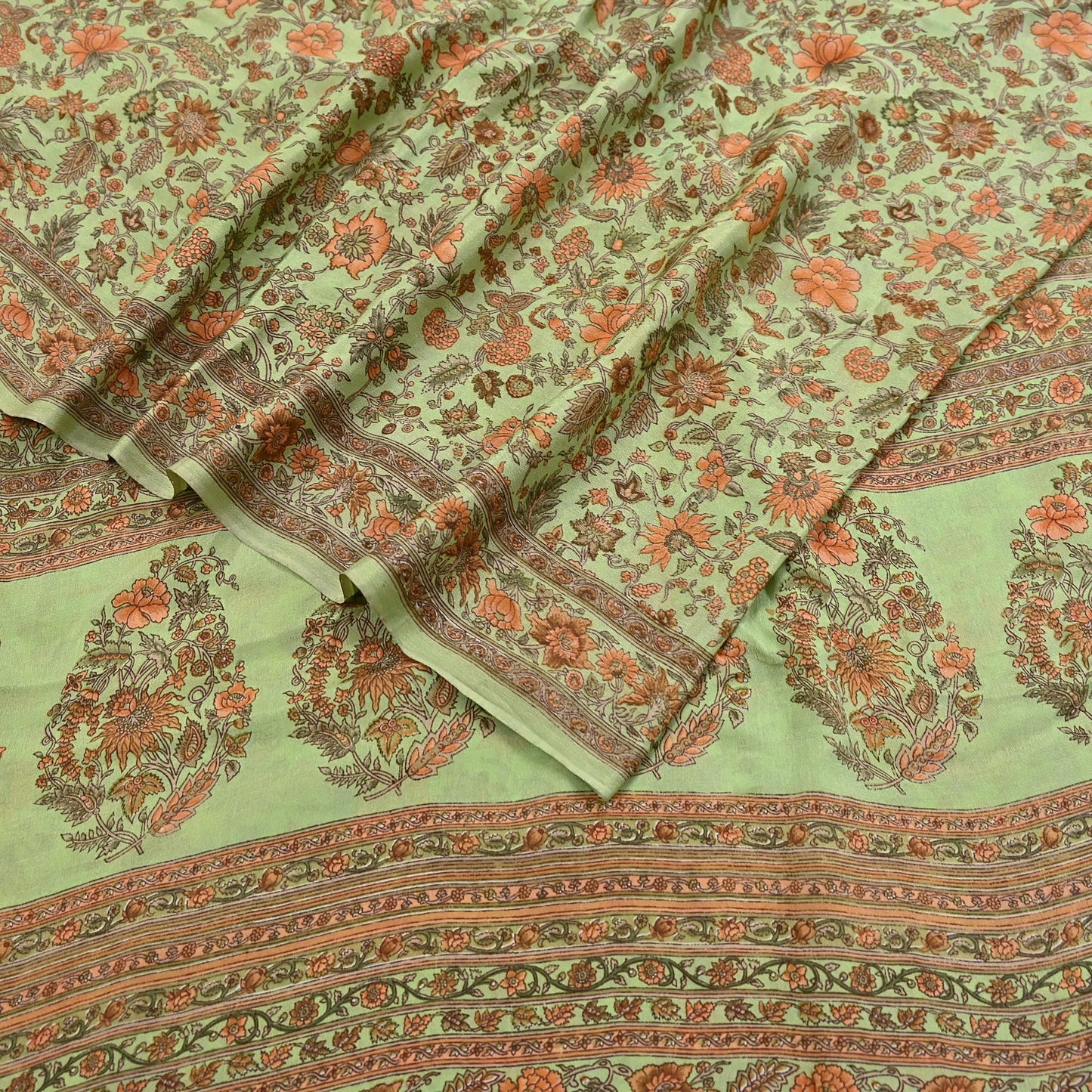 Indian Vintage Sari Green Pure Silk Printed Sarees Craft Fabric 6yd Sewing Dress Making Soft Floral Crafting quilting