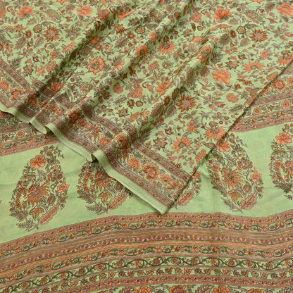 Indian Vintage Sari Green Pure Silk Printed Sarees Craft Fabric 6yd Sewing Dress Making Soft Floral Crafting quilting