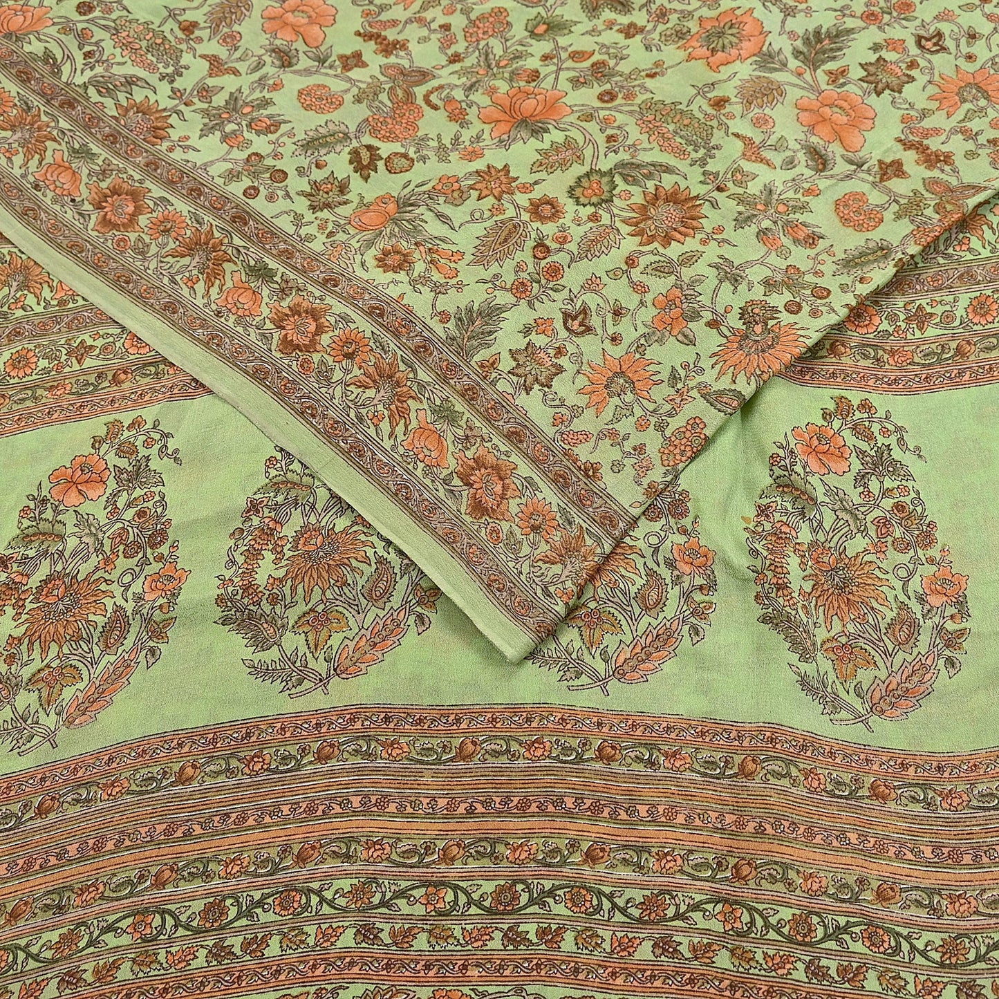 Indian Vintage Sari Green Pure Silk Printed Sarees Craft Fabric 6yd Sewing Dress Making Soft Floral Crafting quilting