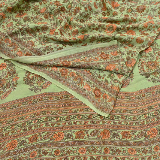 Indian Vintage Sari Green Pure Silk Printed Sarees Craft Fabric 6yd Sewing Dress Making Soft Floral Crafting quilting