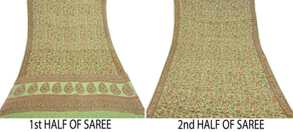 Indian Vintage Sari Green Pure Silk Printed Sarees Craft Fabric 6yd Sewing Dress Making Soft Floral Crafting quilting