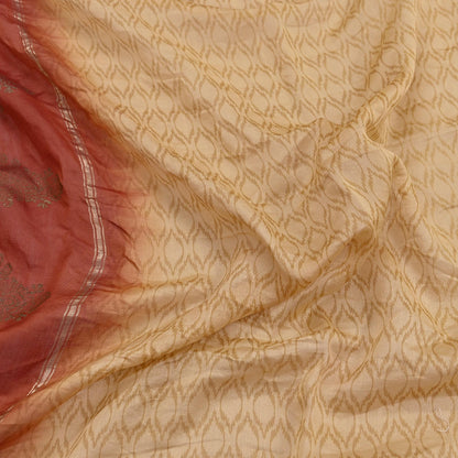 Indian Vintage Beige & Rusty Dupatta Long Stole 100% Pure Chanderi Silk Handloom Painted Scarves Veil Scarf Wrap Hippie Fringes