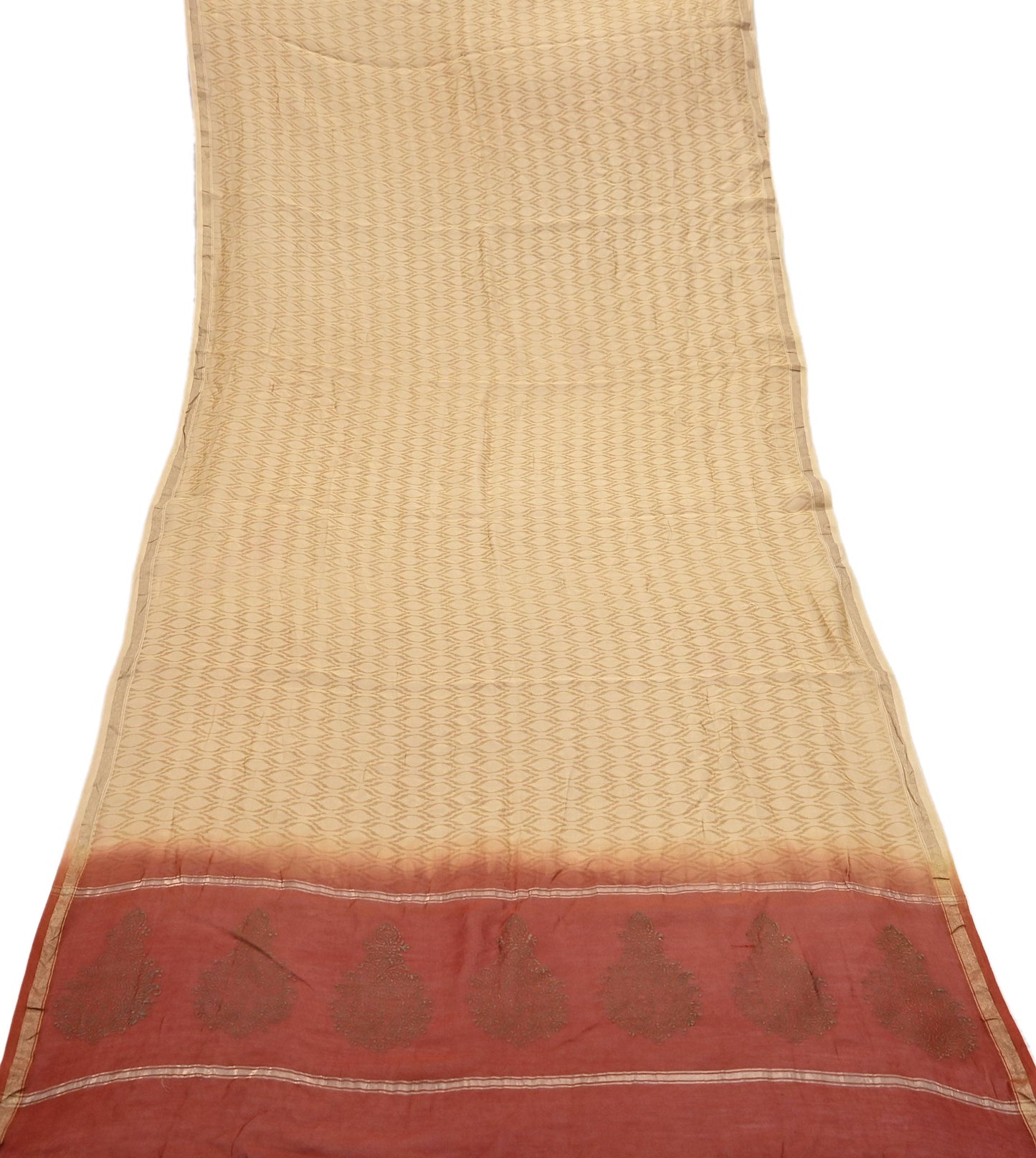 Indian Vintage Beige & Rusty Dupatta Long Stole 100% Pure Chanderi Silk Handloom Painted Scarves Veil Scarf Wrap Hippie Fringes