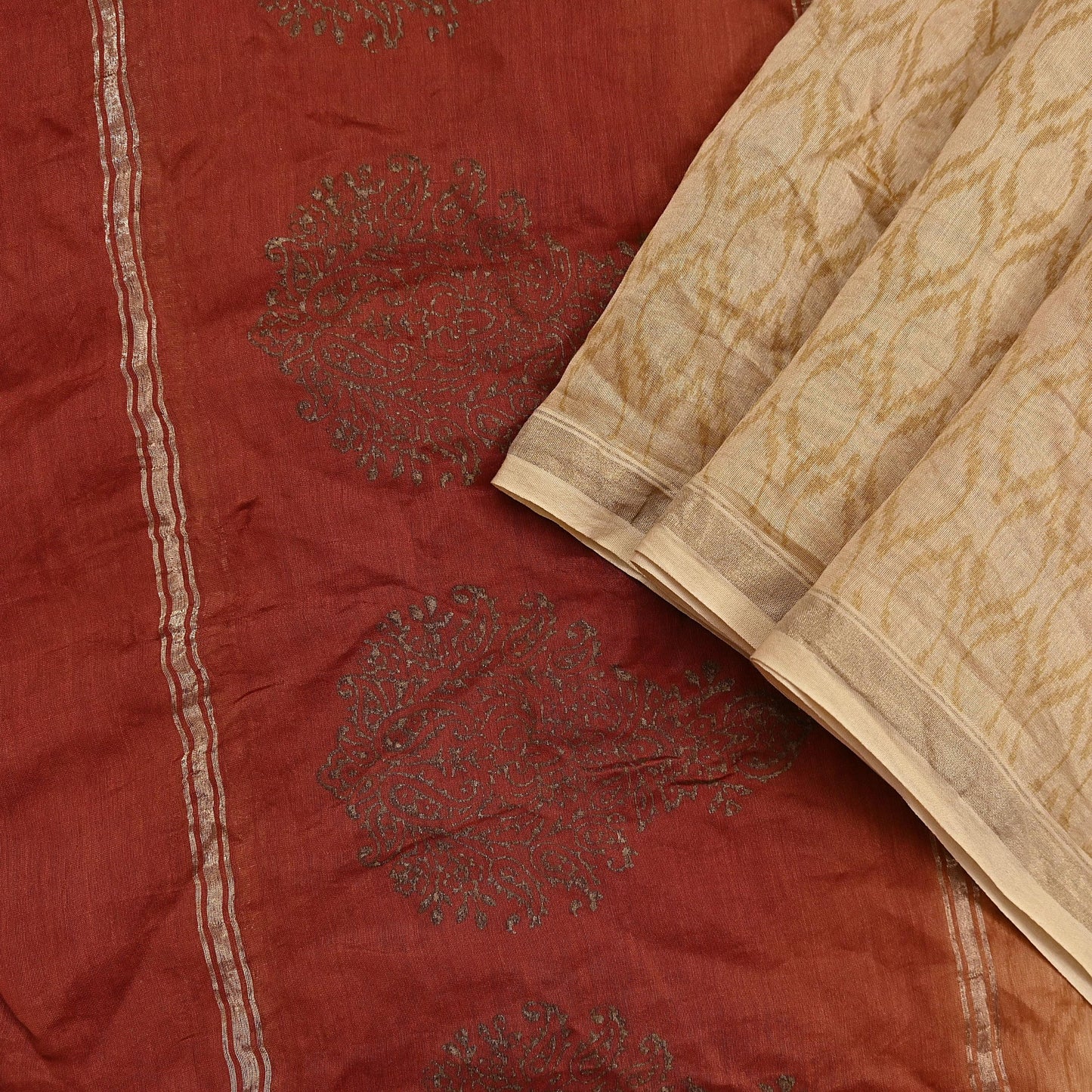 Indian Vintage Beige & Rusty Dupatta Long Stole 100% Pure Chanderi Silk Handloom Painted Scarves Veil Scarf Wrap Hippie Fringes