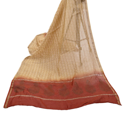 Indian Vintage Beige & Rusty Dupatta Long Stole 100% Pure Chanderi Silk Handloom Painted Scarves Veil Scarf Wrap Hippie Fringes