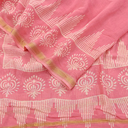 Indian Vintage Dupatta Peach Dupatta Long Stole Block Print Pure Chanderi Silk Scarves Veil Golden Zari
