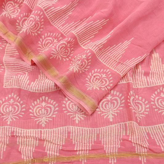Indian Vintage Dupatta Peach Dupatta Long Stole Block Print Pure Chanderi Silk Scarves Veil Golden Zari