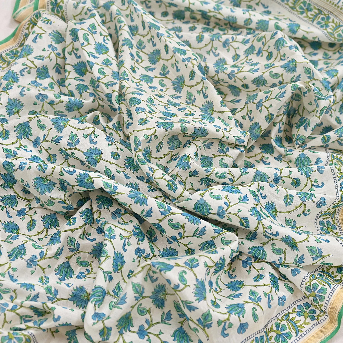 Indian Vintage Dupatta Green Dupatta Long Stole Block Print Pure Chanderi Silk Scarves Veil Golden Zari