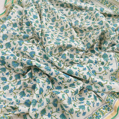 Indian Vintage Dupatta Green Dupatta Long Stole Block Print Pure Chanderi Silk Scarves Veil Golden Zari