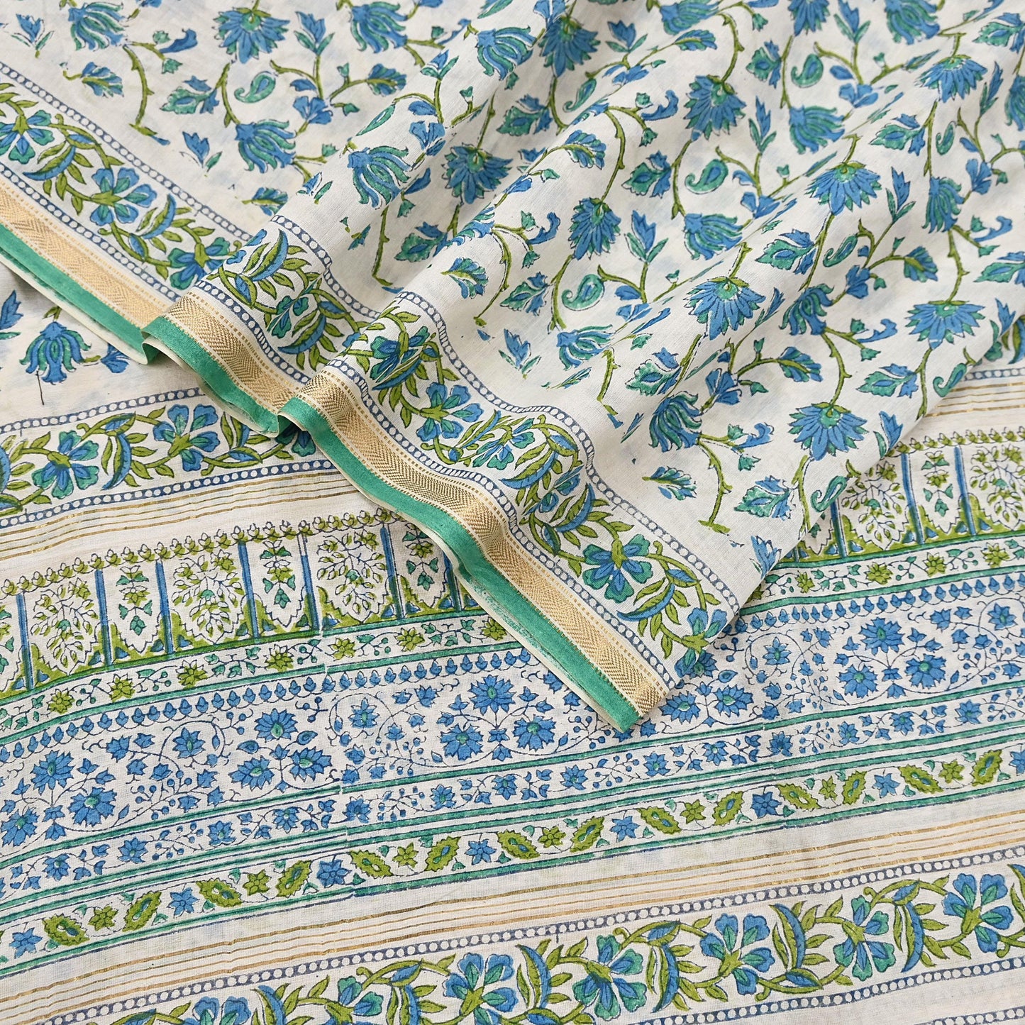 Indian Vintage Dupatta Green Dupatta Long Stole Block Print Pure Chanderi Silk Scarves Veil Golden Zari