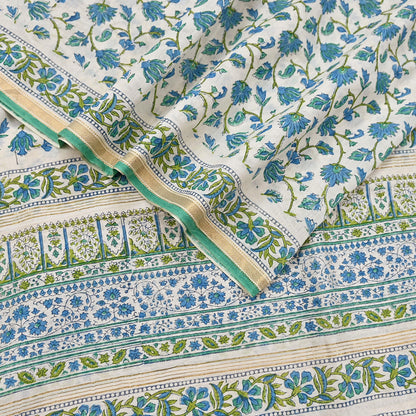 Indian Vintage Dupatta Green Dupatta Long Stole Block Print Pure Chanderi Silk Scarves Veil Golden Zari