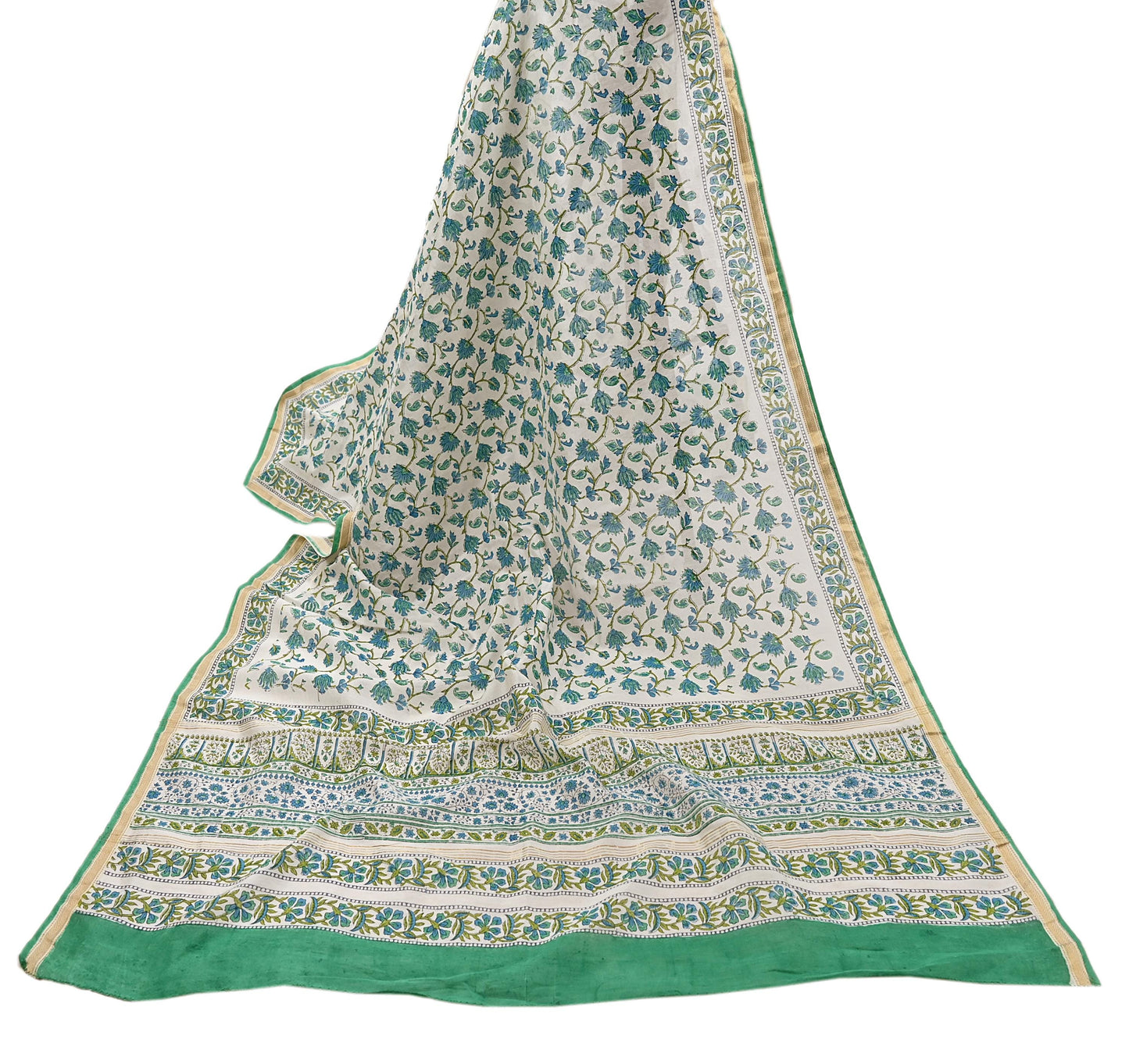 Indian Vintage Dupatta Green Dupatta Long Stole Block Print Pure Chanderi Silk Scarves Veil Golden Zari