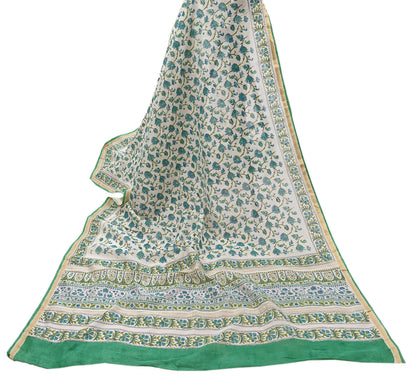 Indian Vintage Dupatta Green Dupatta Long Stole Block Print Pure Chanderi Silk Scarves Veil Golden Zari